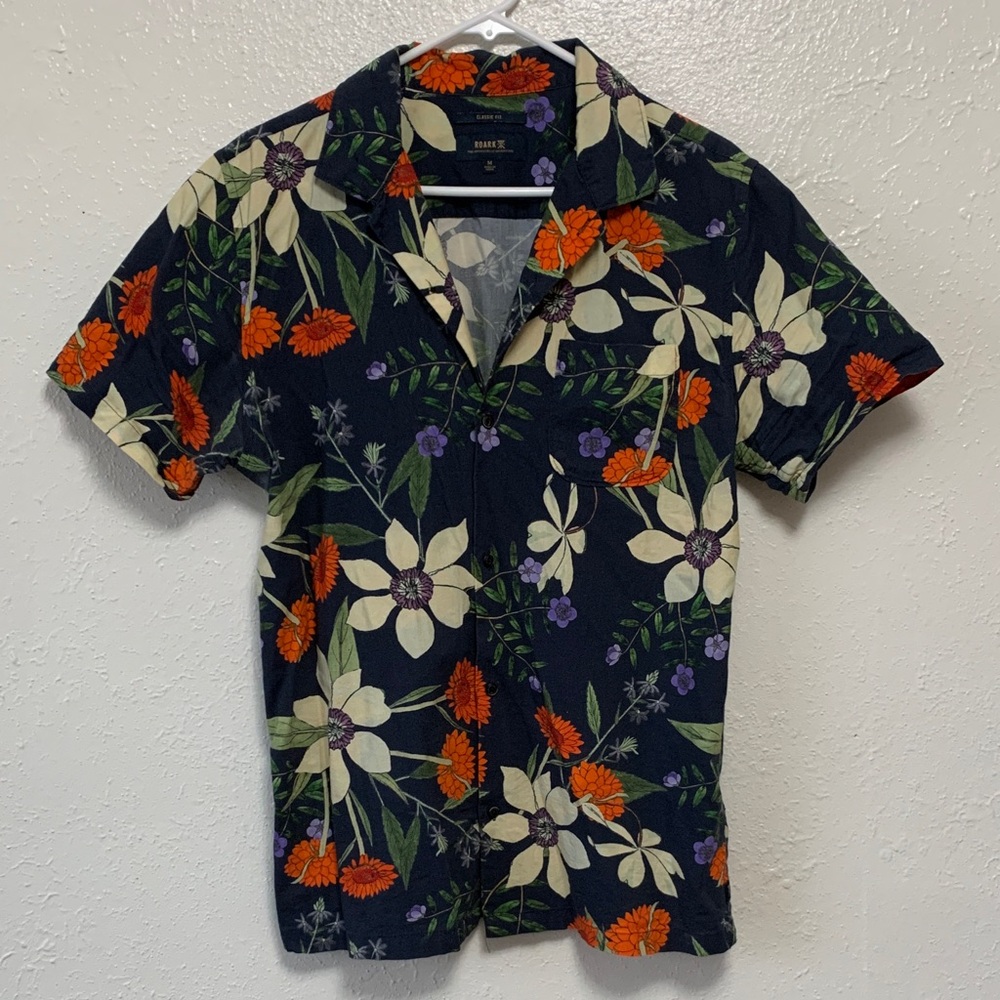 Roark Navy Short-Sleeve Floral Button-Down with Orange, Cream & Purple Accents